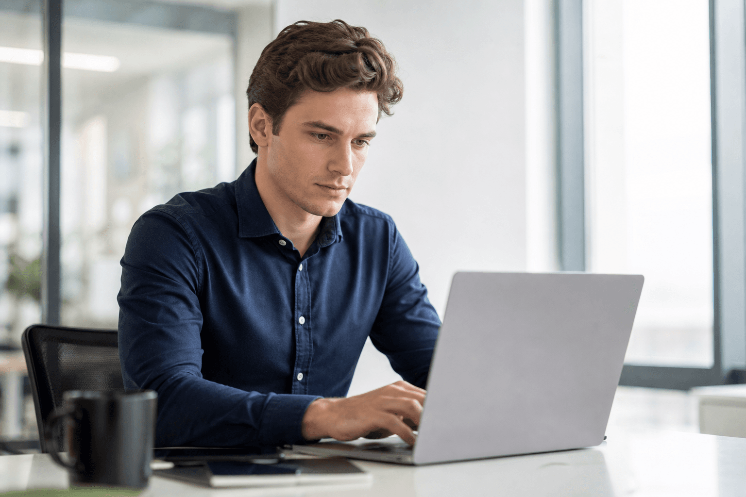 Young man developer working at a laptop